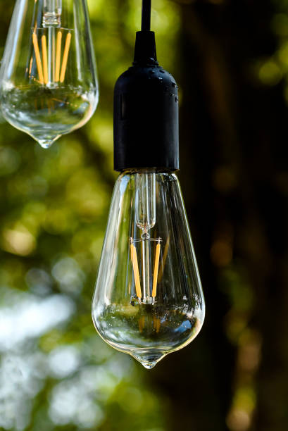 istock Electric light bulbs are lit outside the house. 1875230591