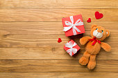 Valentines day gifts  on color background, top view