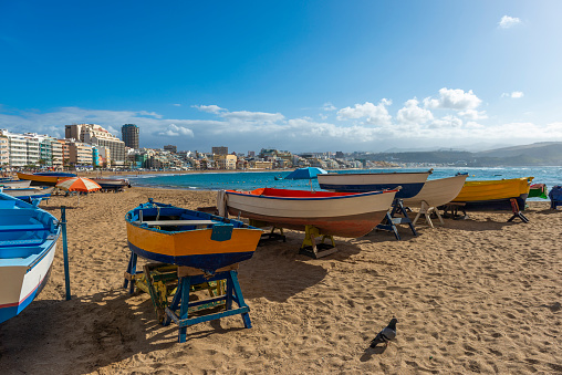 Promenade of Las Canteras Beach (Playa de Las Canteras) in Las Palmas de Gran Canaria, Canary island, Spain. 3km stretch of golden sand is the heart of Las Palmas. One of the top Urban Beaches.