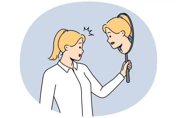 Vector illustration of Woman look in mirror think of self-awareness