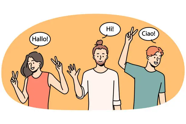 Vector illustration of Smiling interracial people greeting in different languages