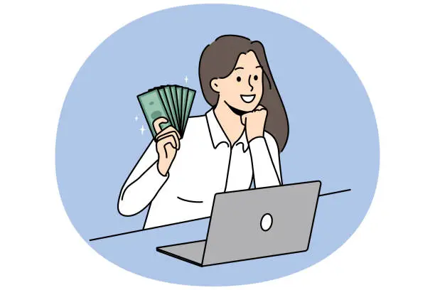 Vector illustration of Smiling woman work on laptop online earn money
