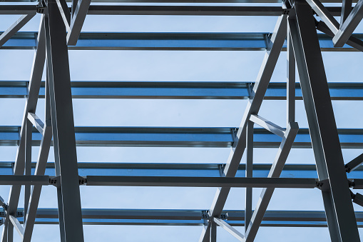 Steel structure of a high rack warehouse on a construction site