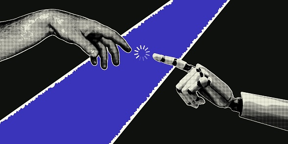Robot and human hand in retro collage style with halftone. Vector illustration, artificial intelligence concept.