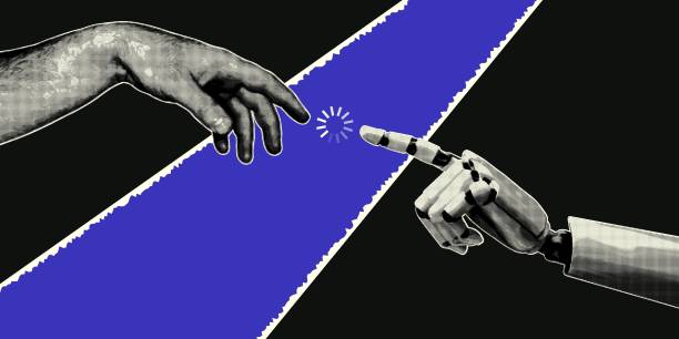 Art & Illustration Robot and human hand in retro collage style with halftone. Vector illustration, artificial intelligence concept. artificial intelligence human stock illustrations