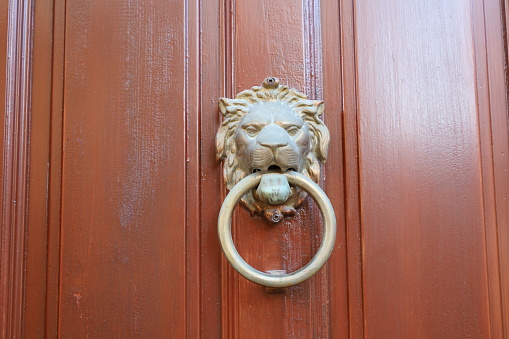 View of iron door handle in shape of lion's head
