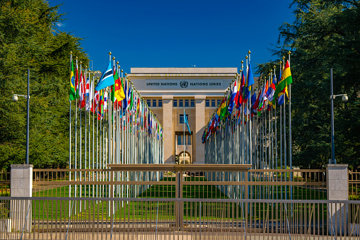 flags in front of united  nations building 