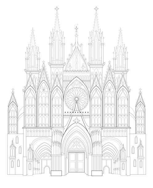 ilustrações, clipart, desenhos animados e ícones de ilustração de fantasia do castelo gótico medieval. página em preto e branco para colorir. planilha para crianças e adultos. planilha para desenho e meditação para crianças e adultos. imagem vetorial. - window gothic style rose window vector