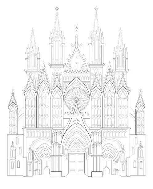 Vector illustration of Fantasy illustration of medieval Gothic castle. Black and white page for coloring book. Worksheet for children and adults. Worksheet for drawing and meditation for children and adults. Vector image.