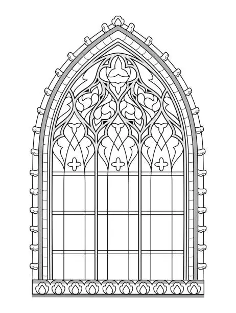 Vector illustration of Beautiful medieval stained glass window in French churches. Black and white drawing for coloring book. Flaming Gothic architectural style in western Europe. Worksheet for children. Vector image.