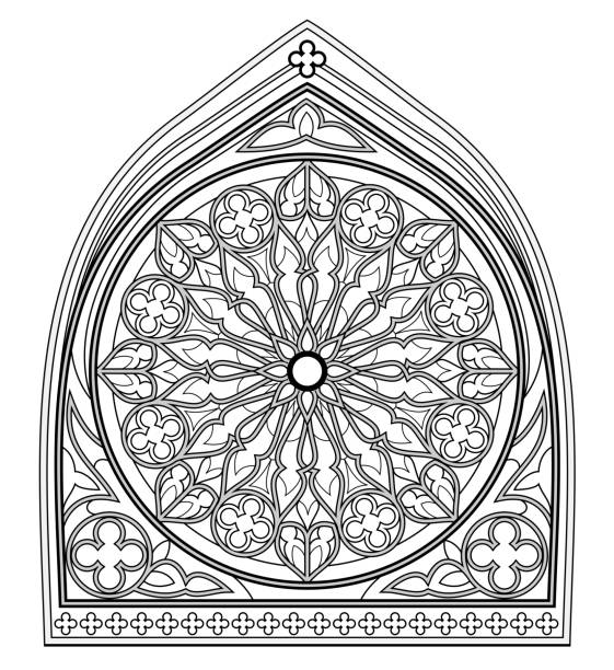 장미와 함께 아름 다운 고딕 스테인드 글라스 창문. 서유럽의 중세 건축. 색칠하기 책에 대한 흑백 판타지 그림. 어린이와 성인을 위한 그림 그리기와 명상을 위한 워크시트. 벡터 이미지입니다. - window rose window gothic style architecture stock illustrations