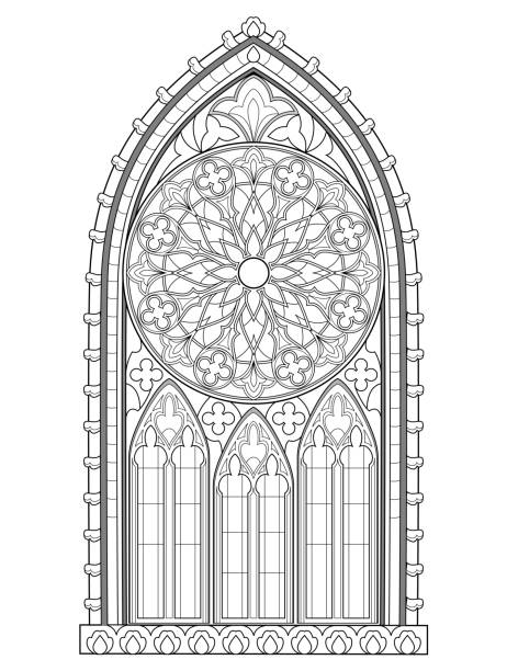 バラの美しいゴシック様式のステンドグラスの窓。西ヨーロッパの中世建築。塗り絵用の白黒ファンタジー描画。子供と大人のためのワークシート。ベクター画像。 - window rose window gothic style architecture点のイラスト素材／クリップアート素材／マンガ素材／アイコン素材