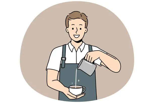 Vector illustration of Smiling male barista make coffee in cup