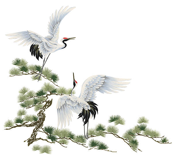 Japanese crane I drew a crane in Japanese technique, eurasian crane stock illustrations