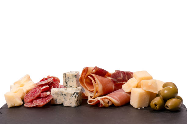 istock Cheese, olives, salami, jamon isolated on a white backgrund. 1875312467