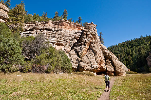 Hiking to Walnut Canyon Fisher Point is a large and beautifully colored formation of Coconino Sandstone at the western end of Walnut Canyon and the northern end of Sandy’s Canyon. Fisher Point is named for Ed Fisher, an early forest ranger. Fisher Point is located next to the Arizona Trail in the Coconino National Forest near Flagstaff, Arizona, USA. jeff goulden flagstaff stock pictures, royalty-free photos & images