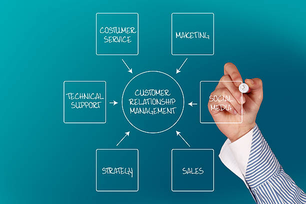 istock Business woman drawing a CRM flowchart 187531603