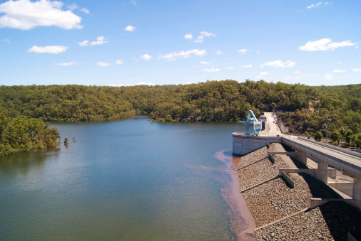 Warragamba Dam, which creates Lake Burragorang, in Warragamba, western Sydney. The dam serves as the city's main source of water supply, catering to around 3.7 million residents.