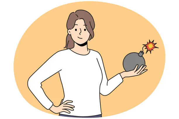 Vector illustration of Smiling woman holding bomb in hands