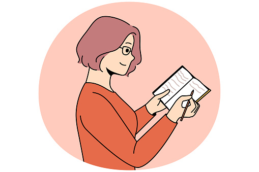 Smiling young woman in glasses take notes in notebook. Happy female write in notepad, make plan or list. Vector illustration.