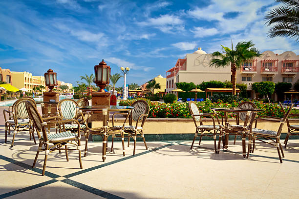 Outdoor restaurant at modern luxury hotel, Marmaris, Turkey