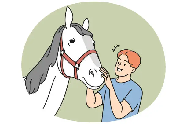 Vector illustration of Smiling man with horse at farm