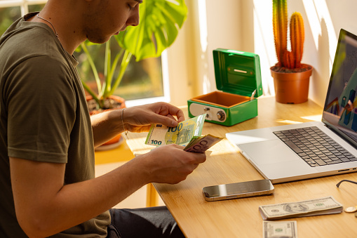 Side-view of young Caucasian male freelancer, counting money (euros in 100 and 50 banknotes), while working from the home office