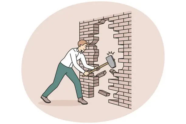 Vector illustration of Businessman with hammer break wall