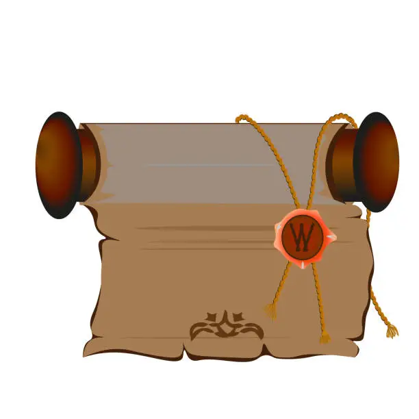 Vector illustration of an old scroll of paper with torn edges, depicting a coat of arms, tied with a rope and sealed