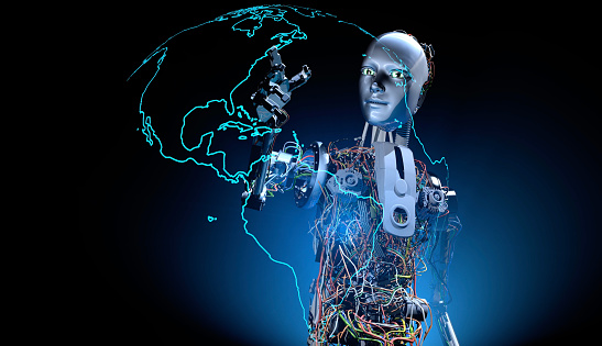 A humanoid robot looking an augmented world map in the future. / You can see the animation movie of this image from my iStock video portfolio. Video number: 1870443299