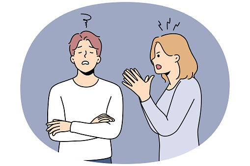 Angry young woman lecture annoyed man engaged in family misunderstanding. Mad wife scold bothered unhappy husband. Breakup and fight. Vector illustration.