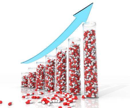 Pill bottles showing rising cost of medicine and health care in a bar graph. 3D rendering