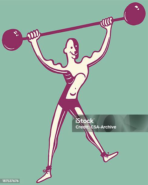 Skinny Man Lifting Barbell Over Head — стоковая векторная графика и другие изображения на тему Мужчины - Мужчины, Стройный, Анаэробное упражнение