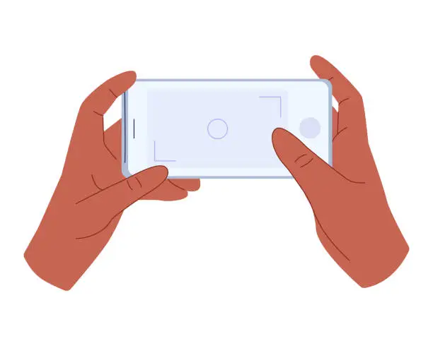 Vector illustration of Taking photos with smartphone. Touch the mobile phone screen with  finger to take picture.