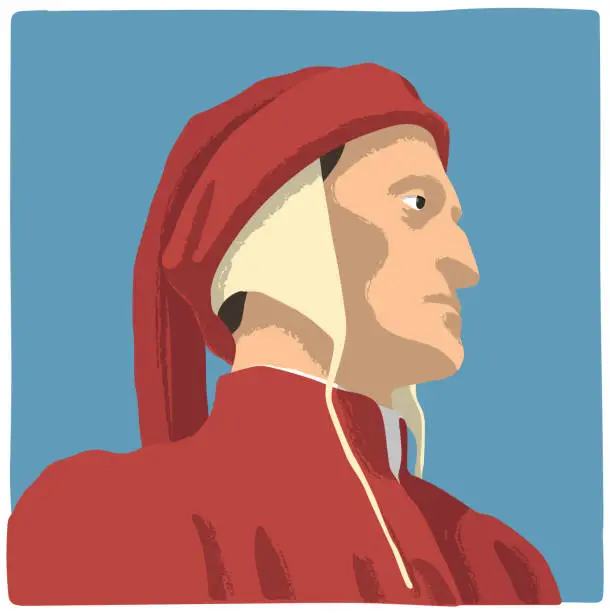 Vector illustration of Portrait of the Italian poet Dante Alighieri, who wrote the Divine Comedy, vector illustration.