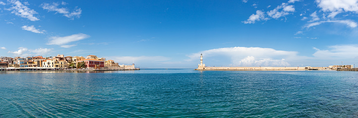 A panorama picture of the Old Venetian Port and the Lighthouse of Chania.