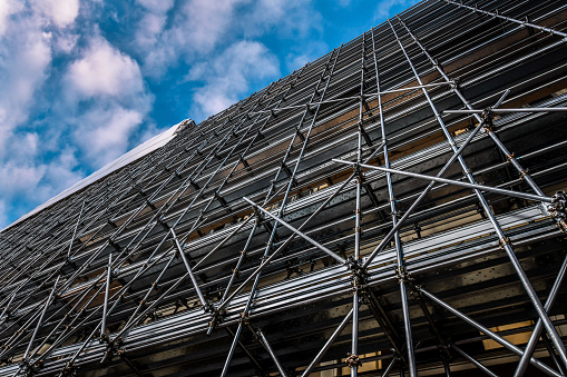 Low Angle View Of Building Construction Scaffolding In Turin, Italy