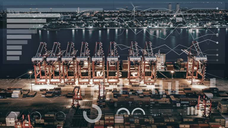 T/L Aerial View of Industrial Port with Containers Ship at Night / Glowing Data Lines Concept