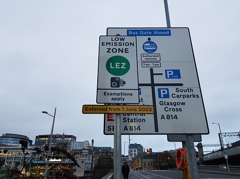 Low Emission Zone - LEZ  sign at a bridge on the way to the City Centre of Glasgow, Scotland UK