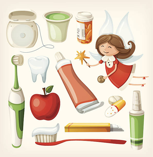 ilustrações, clipart, desenhos animados e ícones de conjunto de itens para manter seus dentes saudáveis - human teeth fairy cartoon toothbrush