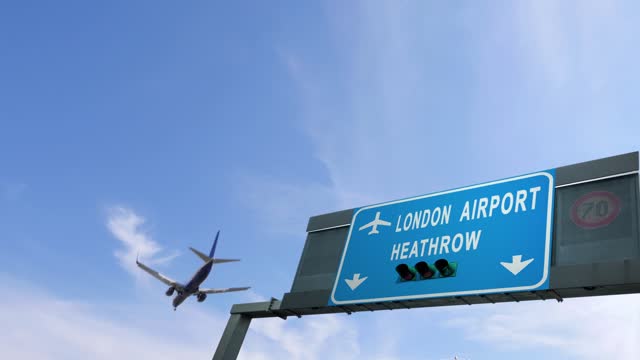 plane flying over heathrow airport sign