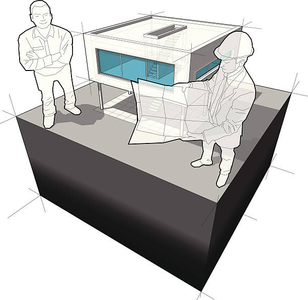 ilustrações de stock, clip art, desenhos animados e ícones de diagrama de uma moderna casa e arquiteto com homem feliz - functionalistic architecture flat roof built structure house