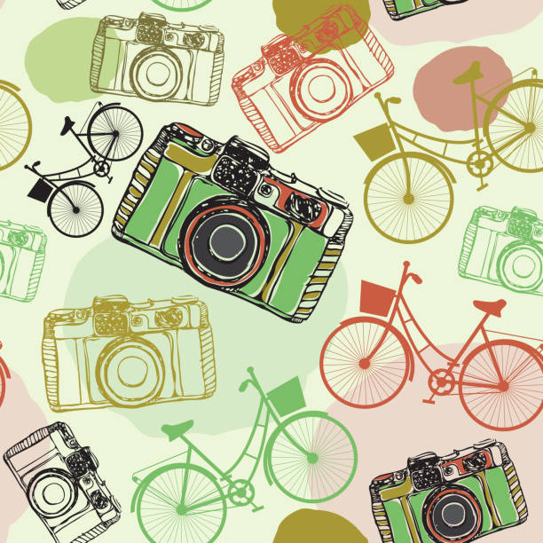 빈티지 필름 카메라 및 자전거, 벡터, 연속무늬 파스텔 색 - vehicle seat flash stock illustrations