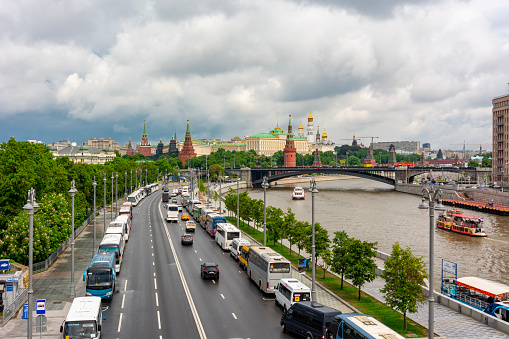 Moscow, Russia - May 2019: Moscow cityscape with Kremlin and Moskva river