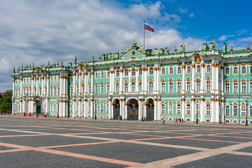 Saint Petersburg, Russia - July 2023: Winter Palace (Hermitage museum) on Palace square in Saint Petersburg