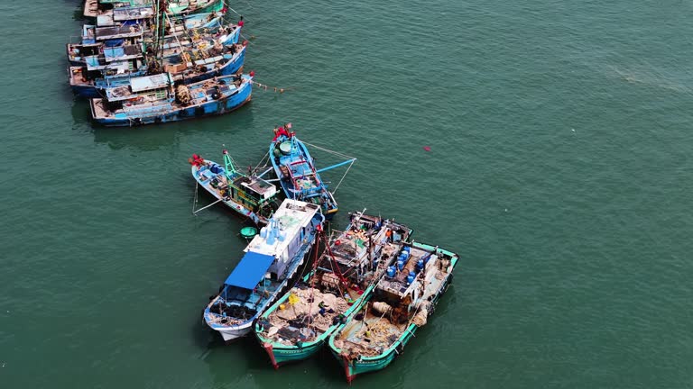 Moored Vietnamese fishing vessels, aerial orbit view