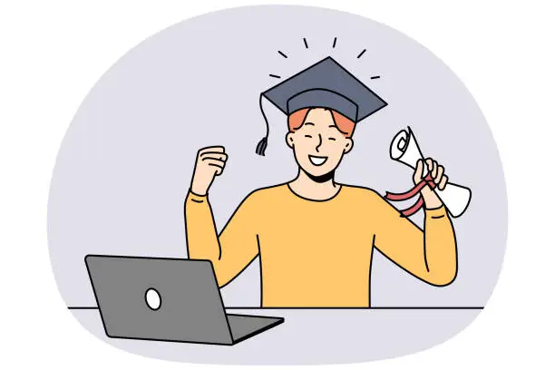 Vector illustration of Smiling man with diploma celebrate online graduation