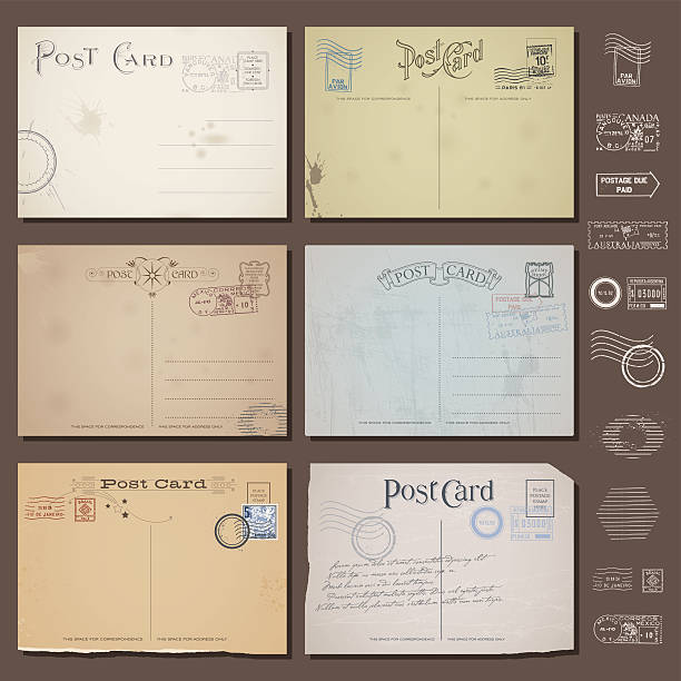 vektor-vintage-postkarten und briefmarken designs - air mail envelope letter mail stock-grafiken, -clipart, -cartoons und -symbole