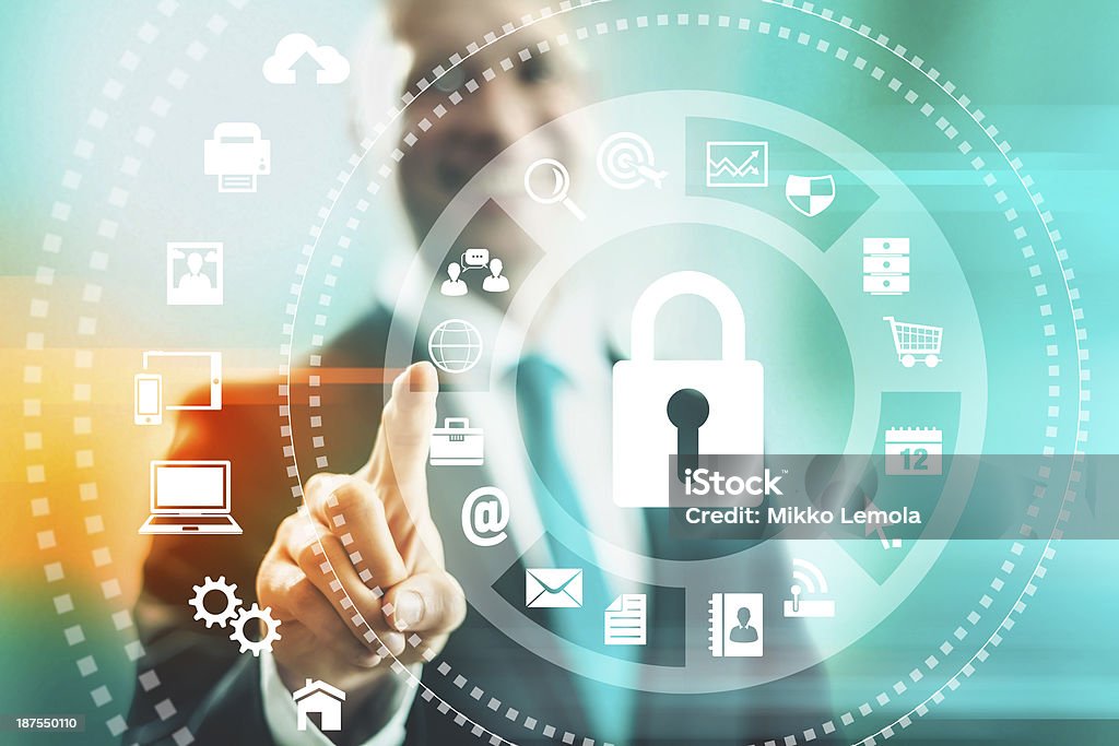 Internet security Internet security concept man pointing solutions Choosing Stock Photo