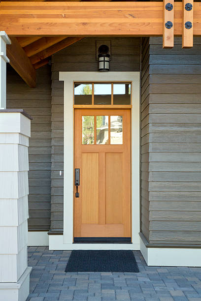 Wooden Front Door of a Home stock photo